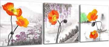 グループパネル Painting - セットパネルのインクスタイルの花